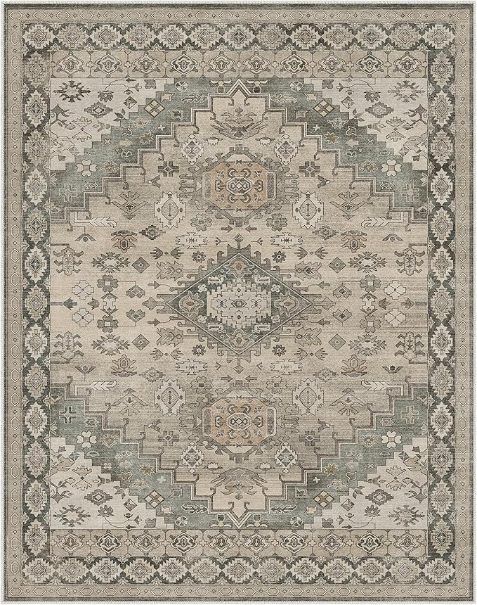 GENIMO Machine Washable 8x10 Area Rugs for Living Room, Non Slip Vintage Rugs, Low Pile Lightweight Chenille Print Rug for Bedroom, Dining Room, Home Office, Oatmeal Gray