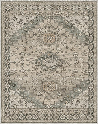 GENIMO Machine Washable 8x10 Area Rugs for Living Room, Non Slip Vintage Rugs, Low Pile Lightweight Chenille Print Rug for Bedroom, Dining Room, Home Office, Oatmeal Gray
