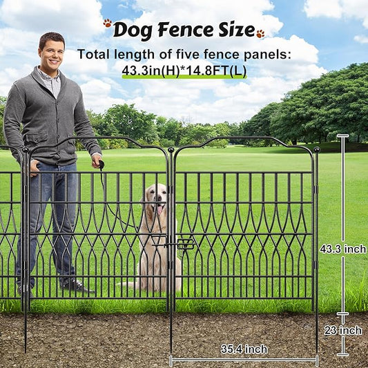 Bepatio 5 Panels Tall Garden Fence with Latch, 43.3in (H) x 14.8ft (L) Dog Fence Outdoor for Yard, Arc Metal Fencing Panels, Durable Animal Barrier Fencing for Outdoor, Patio, Flower Bed