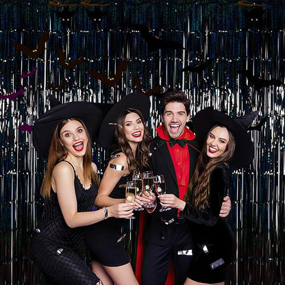 Foil Fringe Curtains New Year’s Eve Party Decorations - Melsan 3 Pack 3.2 x 8.2 ft Black Tinsel Curtain Photo Backdrop for Birthday Decorations Retirement Party Decorations Black