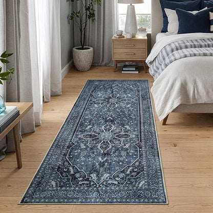 Bloom Rugs Caria Washable Non-Slip 10 ft Runner - Blue/Charcoal Traditional Runner for Entryway, Hallway, Bathroom, and Kitchen - Exact Size: 2'6" x 10'