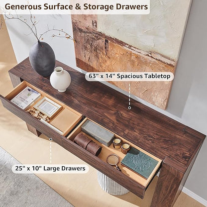 OKD Modern Entryway Console Table, Sofa Table with Drawers, 63" Long Hall Table Behind Couch, Thick Wood Design for Living Room, Hallway - Dark Walnut