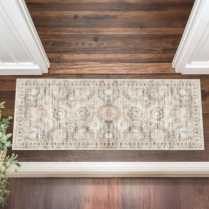 2x5 Rug Runner Washable for Entryway, Soft Bathroom Rugs with Non-Slip Backing, Abstract Low Pile Hallway Runner, Vintage Small Kitchen Carpet for Stair, Laundry Room(2'x5', Brown/Pink)