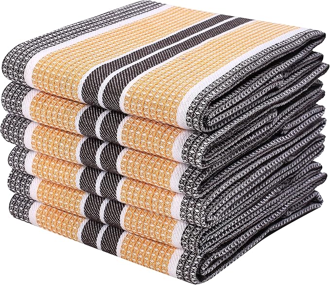 Goroly Home 6 Pack Cotton Vintage Kitchen Dish Towels - Highly Absorbent Quick Dry Professional Grade Cotton Cleaning Towels with Hanging Loop, Honeycomb Pattern - 18x28 Inch - Mustard Brown
