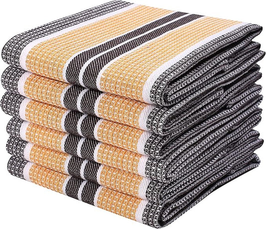 Goroly Home 6 Pack Cotton Vintage Kitchen Dish Towels - Highly Absorbent Quick Dry Professional Grade Cotton Cleaning Towels with Hanging Loop, Honeycomb Pattern - 18x28 Inch - Mustard Brown