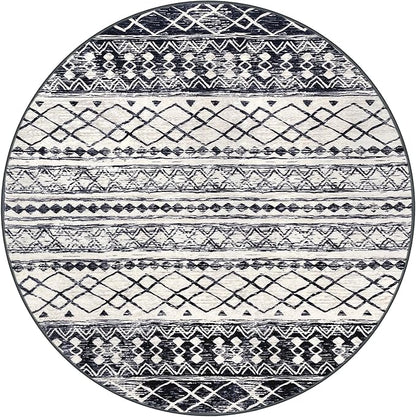 KUTA 6Ft Round Boho Rug for Living Room, Moroccan Washable Circle Area Rugs Non Slip, Black Navy Blue Soft Geometric Bedroom Throw Low-Pile Carpet for Nursery Dorm