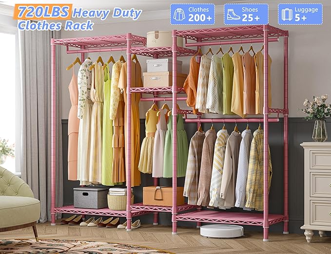 Raybee Clothes Rack Heavy Duty Clothing Racks for Hanging Clothes Adjustable Hanging Clothes Rack Garment Rack, Pink, 13.9" D x 70.6" W x 77" H
