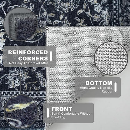 KILOCOCO Hallway Runner 2x6 Rug Runner Printed Vintage Floral Washable Kitchen Runners Non-slip Rubber Backed Runners for Hallways Laundry Room Distressed Boho Rugs for Entryway Bedroom, Navy/Charcoal