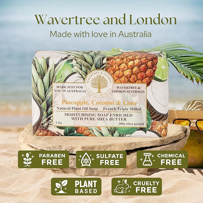 Wavertree & London Pineapple, Coconut & Lime Scented Natural Soap Bar, 7oz Moisturizing French Triple Milled Soap Bar for Women & Men Enriched with Organic Shea Butter, Pure Bath & Body Soap (1 Bar)