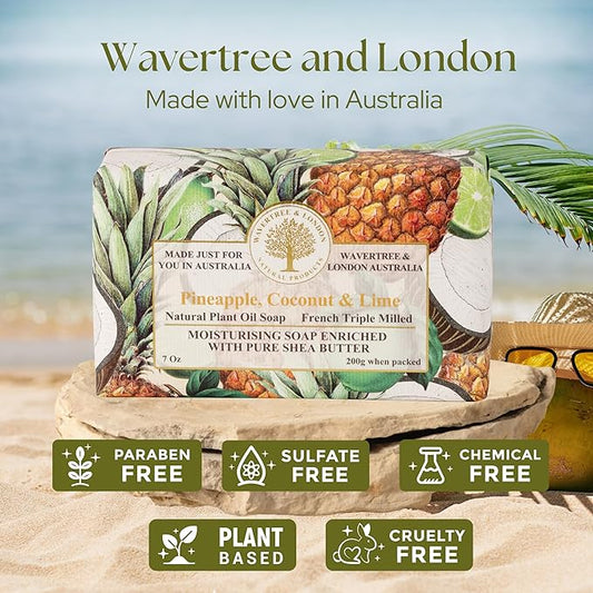 Wavertree & London Pineapple, Coconut & Lime Scented Natural Soap Bar, 7oz Moisturizing French Triple Milled Soap Bar for Women & Men Enriched with Organic Shea Butter, Pure Bath & Body Soap (1 Bar)
