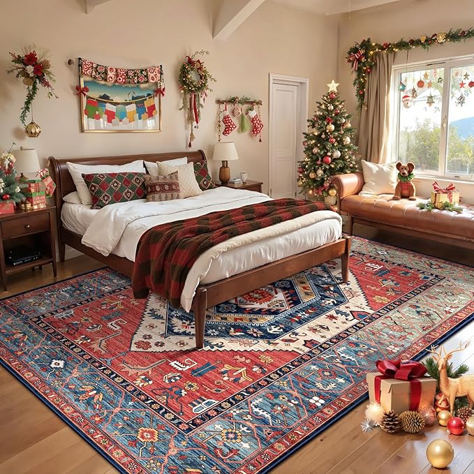 SERISSA Washable Rugs 8x10 Area Rugs, Large Non-Slip Boho Living Room Rust Rug, Ultra Soft Vintage Print Distressed Oriental Tribal Farmhouse Carpet for Dining Room Bedroom Dorm Office Home Decor