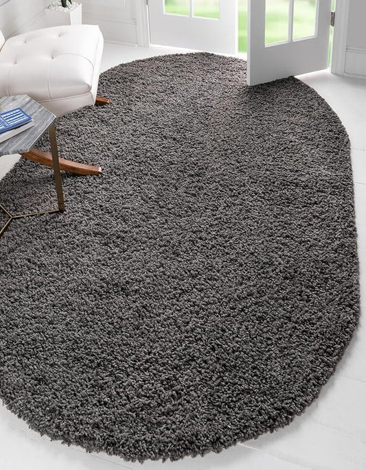 Unique Loom Solid Shag Collection Area Rug (4' 1" x 6' 1" Oval, Graphite Gray)
