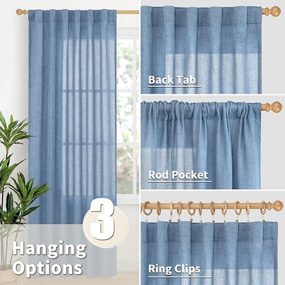 YoungsTex Denim Blue Linen Curtains 80 Inch Length for Living Room, Light Filtering Semi Sheer Window Drapes Rod Pocket Back Tab Curtain for Bedroom Dining Room Coastal Privacy, 2 Panels, 52 X 80 Inch