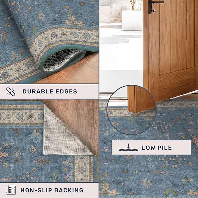 Light Blue 2x7 Washable Kitchen Runner - Boho Non Slip Runner Rug for Hallway, Bedroom Beside Bed,Entryway, Low Pile Floral Eclectic Unique Runner Décor
