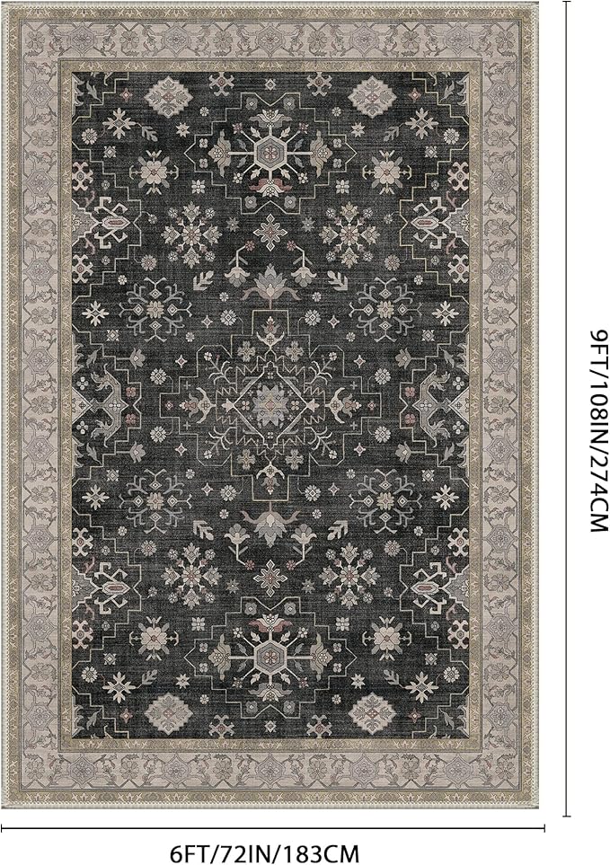GENIMO 6x9 Area Rugs for Living Room,Machine Washable Non-Slip Vintage Rug, Low Pile Lightweight Carpet for Bedroom, Dining Room, Home Office, Stain & Fade Resistant,Black