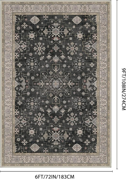 GENIMO 6x9 Area Rugs for Living Room,Machine Washable Non-Slip Vintage Rug, Low Pile Lightweight Carpet for Bedroom, Dining Room, Home Office, Stain & Fade Resistant,Black