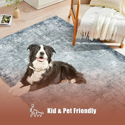 6' x 9' Washable Area Rug - Low Pile Soft Vintage Indoor Rug for Living, Dining or Bedroom - Lightweight Carpet with Non-Slip Backing - Foldable for Easy Placement, Blue