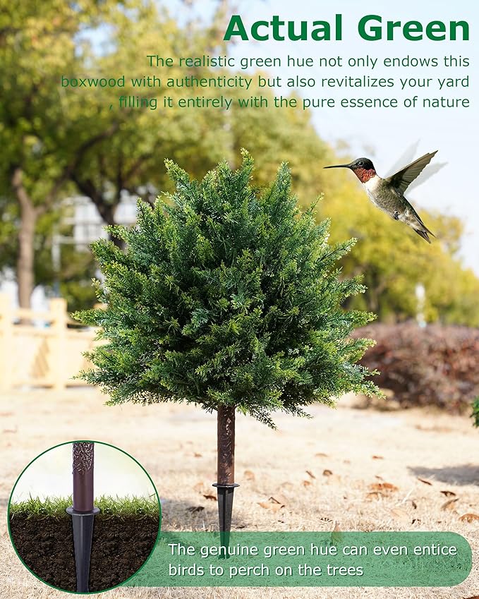 Artificial Cypress, 24'' Topiary Trees Artificial Outdoor, Faux Cedar Shurbs with Ground Spike, UV - Resistant Faux Plants for Outdoor planters, Set of 2 Fake Bushes Front Porch, Outside Garden Decor
