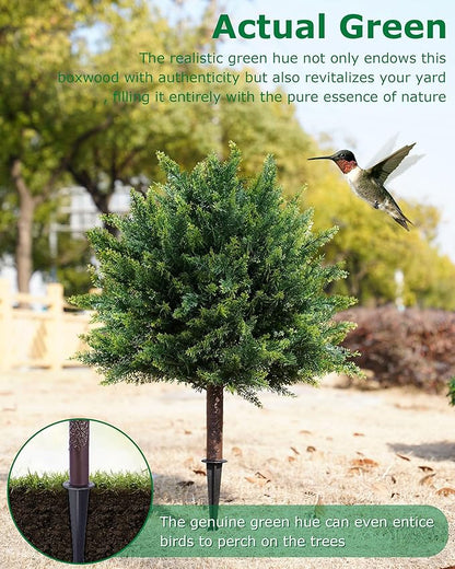 Artificial Cypress, 24'' Topiary Trees Artificial Outdoor, Faux Cedar Shurbs with Ground Spike, UV - Resistant Faux Plants for Outdoor planters, Set of 2 Fake Bushes Front Porch, Outside Garden Decor