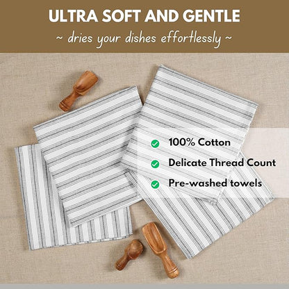 Native Fab 4 Pack Farmhouse Modern Stripe Kitchen Dish Towels Cotton Super Absorbent Quick Drying Reusable 18x26 Inches - Bar Hand Towels, Kitchen Cleaning Towels with Hanging Loop, Grey
