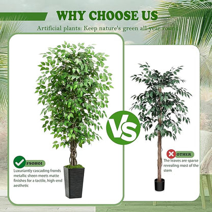 Artificial Ficus Tree 5FT Faux Plants Indoor Tall Fake Plants with Black Square Planter, Green Lifelike Lush Fake Ficus Tree for Home Living Room Bedroom Outdoor Balcony House Office Decor