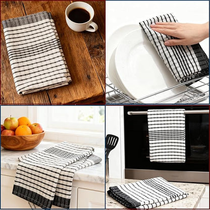 6 Pack Cotton Kitchen Towels – 29.5 x 19.5 Inches Grey & White Checkered Tea Towels, Absorbent Dish Cloths & Kitchen Drying Towels, Quick-Dry Hand Towels with Hanging Loop, Durable, Woven Design
