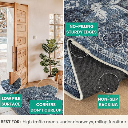 Bloom Rugs Caria Washable Non-Slip 8x10 Rug - Blue/Charcoal Traditional Area Rug for Living Room, Bedroom, Dining Room, and Kitchen - Exact Size: 7'8" x 10'