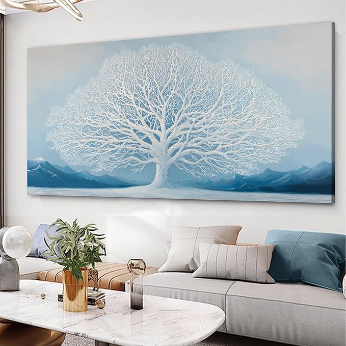 Trogonup White Tree of Life Wall Art for Bedroom Large Blue Landscape Mountain Artwork for Living Room Office Home Kitchen Modern Canvas Prints Ready to Hang 29x58 Inches