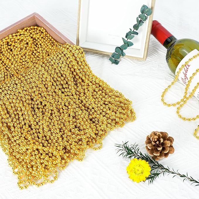 100 PCS Gold Bead Necklace, Gold Mardi Gras Christmas Oval Beads Necklaces 30.5" Metallic Beaded Costume Necklaces Party Necklaces for Mardi Gras Christmas Parade Throws Pirate Party Favors