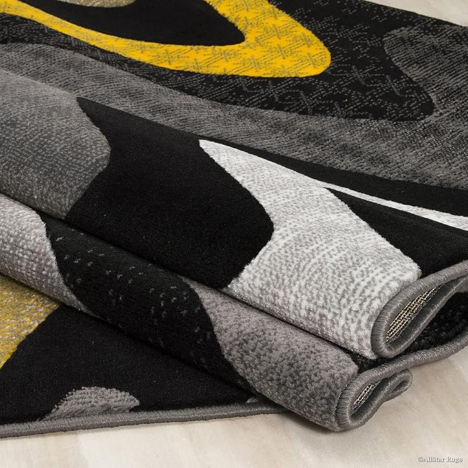 Allstar 5x7 Grey and Gainsboro Grey Modern and Contemporary Rectangular Accent Rug with Yellow and Charcoal Grey Wavy Zigzag Design (4' 11" x 6' 11")
