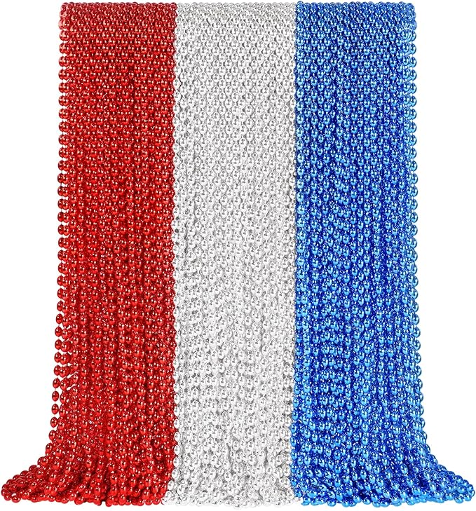 SHAOQINLIN 102 PCS Patriotic Bead Necklaces, 4th of July Oval Beads Necklaces Bulk 4th of July Accessories 30.5 Inch Metallic Red/Silver/Blue Beaded Necklace for Patriotic Day, Carnival Party Favor
