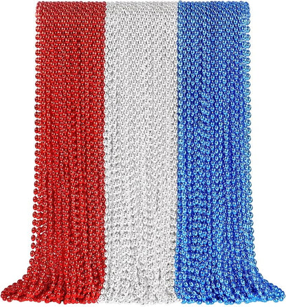 SHAOQINLIN 102 PCS Patriotic Bead Necklaces, 4th of July Oval Beads Necklaces Bulk 4th of July Accessories 30.5 Inch Metallic Red/Silver/Blue Beaded Necklace for Patriotic Day, Carnival Party Favor