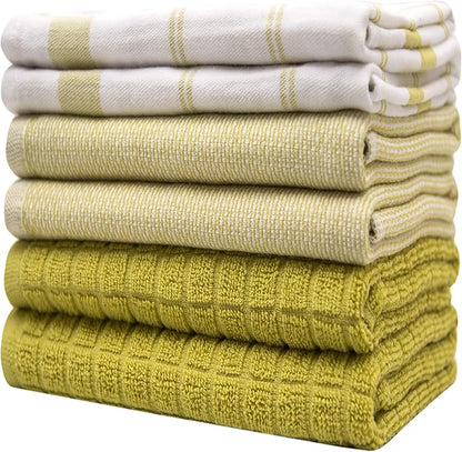 Premium Kitchen Towels (20”x 28”, 6 Pack) | Large Cotton Dish Towels | Flat & Terry Highly Absorbent Kitchen Linen Set with Hanging Loop | Lime Green Check