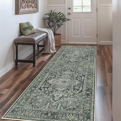 GENIMO Machine Washable 8x10 Area Rugs for Living Room, Non Slip Vintage Rugs, Low Pile Lightweight Chenille Print Rug for Bedroom, Dining Room, Home Office, Night Black