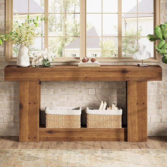 63-Inch Entryway Table, Farmhouse Solid Wood Console Table with U-Shaped Base, 2-Tier Narrow Long Sofa Table Behind The Couch for Living Room, Hallway, Foyer, Entrance, Rustic Brown