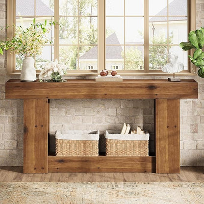 63-Inch Entryway Table, Farmhouse Solid Wood Console Table with U-Shaped Base, 2-Tier Narrow Long Sofa Table Behind The Couch for Living Room, Hallway, Foyer, Entrance, Rustic Brown