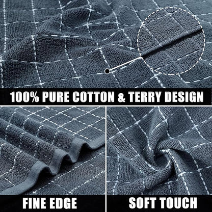 Mordimy 100% Cotton Terry Cloth Dish Cloths, Soft and Absorbent Checkered Dish Towels, Quick Drying Dish Rags for Washing Dishes, 6 Pack, 12 x 12 Inches, Grey