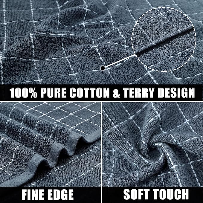 Mordimy 100% Cotton Terry Cloth Kitchen Towels, Super Soft and Absorbent Dish Towels for Drying, Checkered Designed Hand Towels for Kitchen, 16 x 26 Inches, 6 Pack, Grey