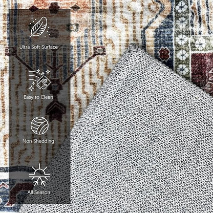 Vintage 9' x 12' Washable Area Rug - Stylish Indoor Rug for Living, Dining or Bedroom - Lightweight Carpet with Non-Slip Backing - Foldable for Easy Placement and Maintenance - Rust