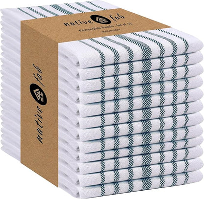 Native Fab Kitchen Tea Towels 16x26 inches - 12 Pack Herringbone Weave - 100% Cotton Scandia Striped Dish Towels, Wash Cloths, Absorbent Hand Towels with Hanger - Teal Green White