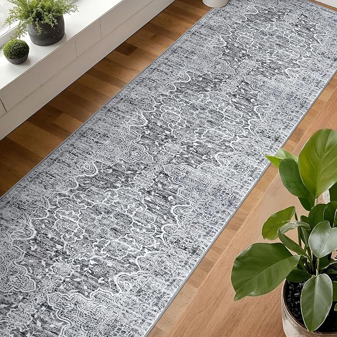 KUTA Extra Long Runner Rug for Hallway 2.6x18ft, Grey Blue White Vintage Washable Kitchen Runners, Non-Slip Stair Rugs Ultra Soft Printed Modern Floral Distressed Carpet for Bedroom Living Room