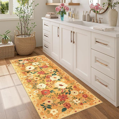 DUKINO 2x5 Runner Rug for Hallway, Washable Kitchen Floral Runner Rug with Non Slip Backing, Low Pile Soft Boho Carpet for Kitchen, Hallway, Entryway, Laundry, Bedroom, Orange