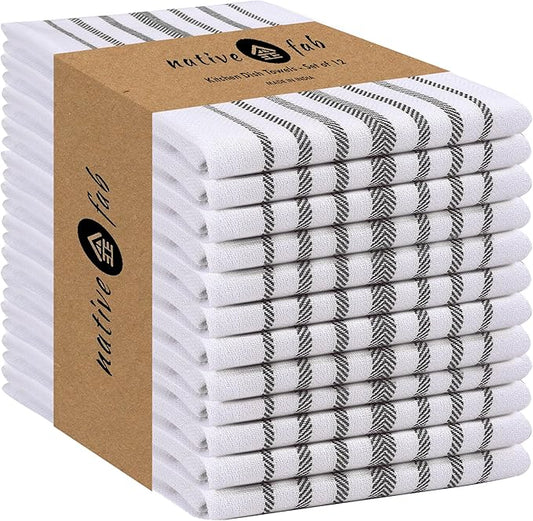 Native Fab Herringbone Striped Kitchen Towels 100% Cotton 12 Pack 16"x26" - Scandia Weave Dish Towels for Drying, Absorbent Dish Cloths Set with Hanging Loop - Grey White