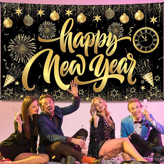 KatchOn, XtraLarge Happy New Year Banner - 72x44 Inch | Happy New Year Backdrop for New Years Decorations 2026 | NYE Eve Banner for NYE Decorations 2026 | New Years Eve Party Supplies 2026