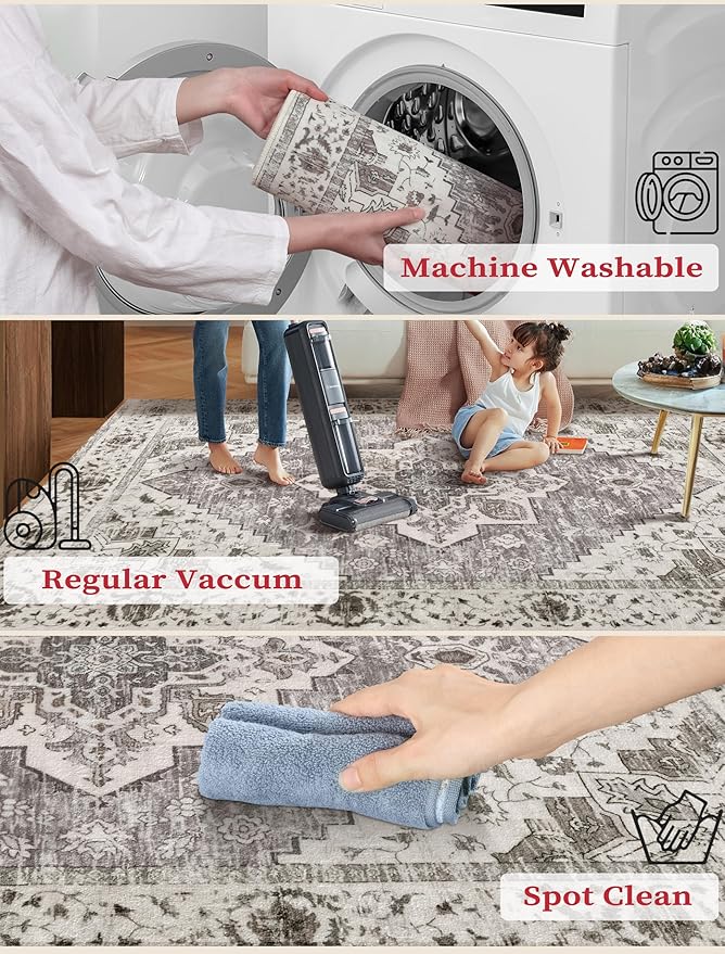 SERISSA Boho Washable Runner Rug, 2'6"x10' Long Non-Slip Vintage Earth Tone Hallway Kitchen Stair Runner Rug Ultra Soft Print Distressed Floor Carpet for Bathroom Laundry Room