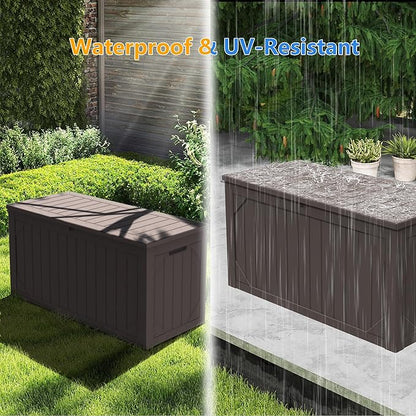 100 Gallon Outdoor Storage Box Waterproof,Resin Deck Box Storage Bin for Cushion Patio Furniture, Pool Accessories, and Garden Tools, Lockable & UV-Resistant, Brown