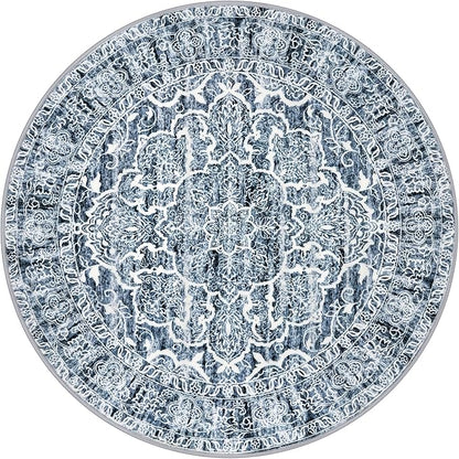 KUTA Vintage Round Rug 3ft, Washable Boho Indoor Circle Small Area Rugs, Blue White Non-Slip Printed Medallion Carpet for Entryway Kitchen Dining Room Table Living Room