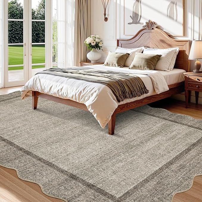 GarveeHome Scalloped Washable Rug 6x9 Rugs for Living Room Modern Brown Nursery Rug Large Area Rug for Bedroom Non Slip Throw Rugs Soft Low Pile Stain Resistant Carpet for Classroom 6 ft x9 ft Brown