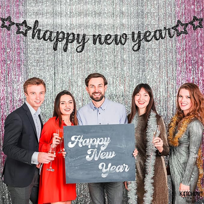 KatchOn, Glitter Happy New Year Banner Black - 10 Feet, No DIY | Black Happy New Year Sign | New Years Eve Party Supplies 2026 | New Years Banner, NYE Decorations 2026