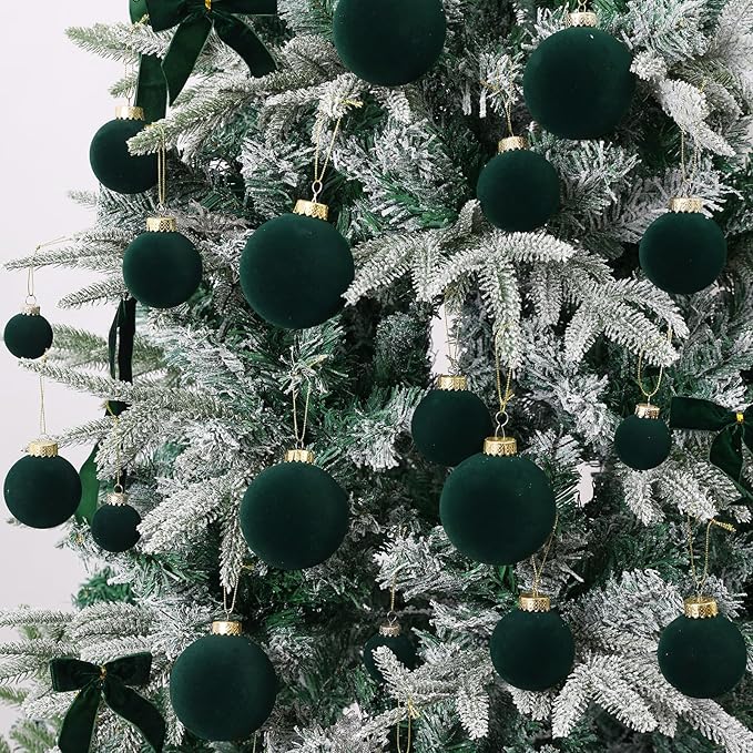 Velvet Christmas Ball Ornaments Set-46pcs Flocked Shatterproof Christmas Tree Decorations Plastic Xmas Decorative Hanging Ornaments for Xmas Holiday Home Decor,3 Sizes(Dark Green)